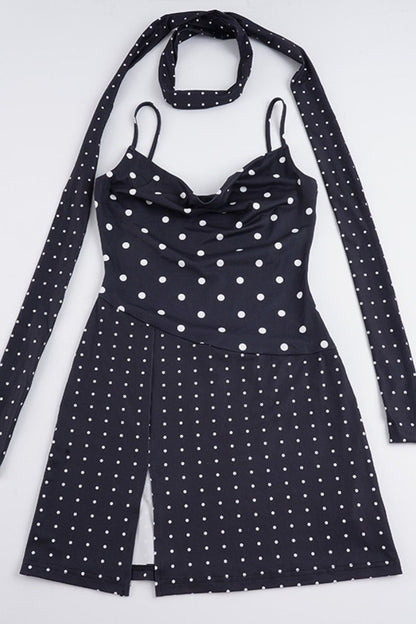 Halter Polka Dot Asymmetric Slit Mini Dress