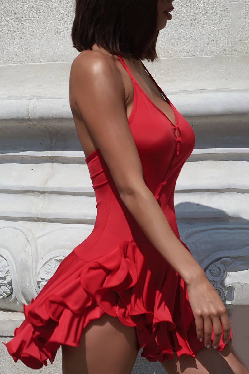 Halter Ruffled Button Slim Mini Dress