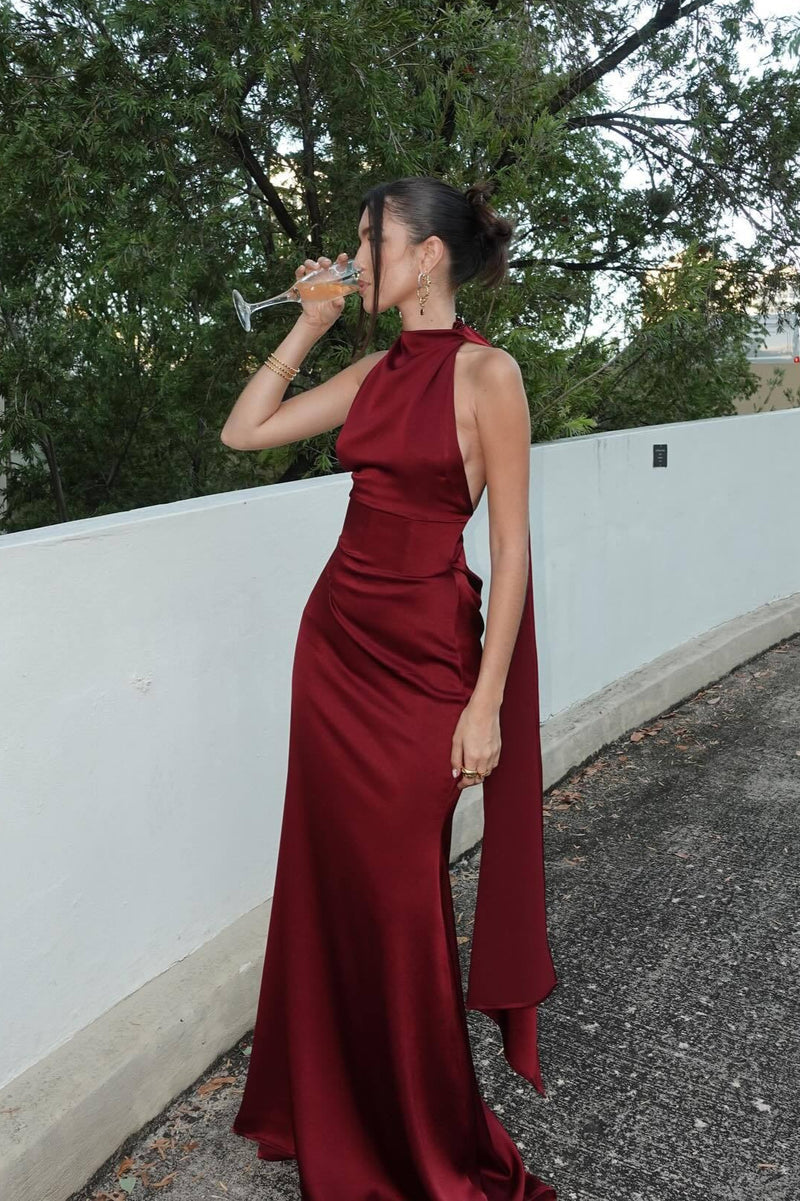 Halter Satin Elegant Solid Color Prom Dress