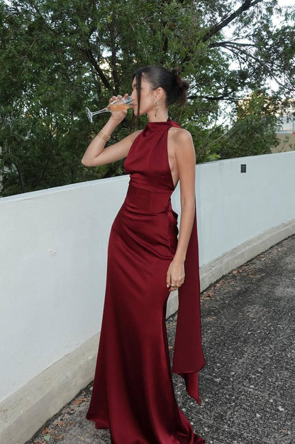 Halter Satin Elegant Solid Color Prom Dress