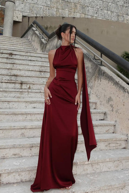 Halter Satin Elegant Solid Color Prom Dress
