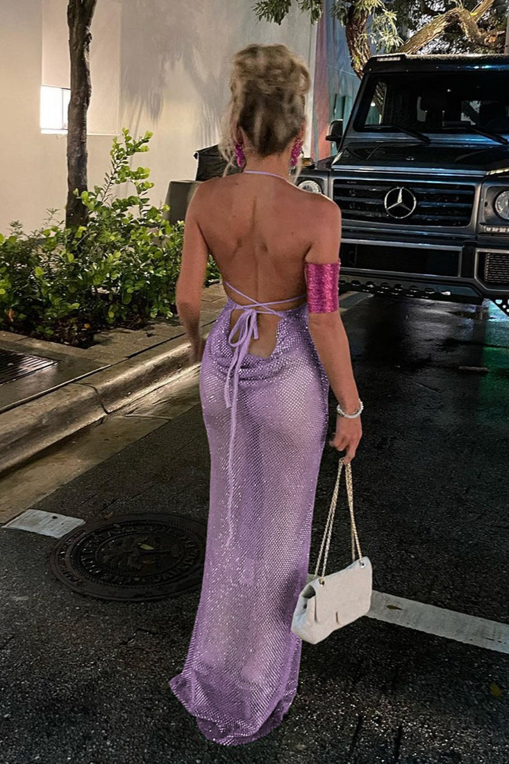 Halter Tie Cutout Back Ruched Solid Bodycon Maxi Dress