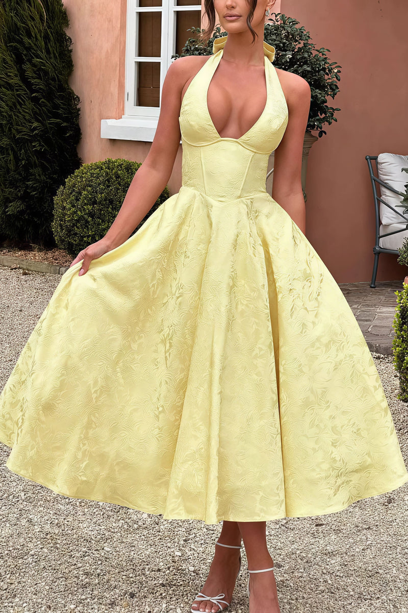Halter V Neck Jacquard Backless Midi Dress