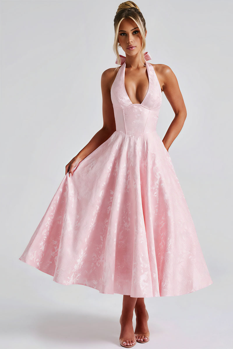 Halter V Neck Jacquard Backless Midi Dress