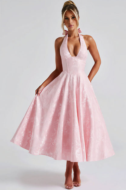 Halter V Neck Jacquard Backless Midi Dress