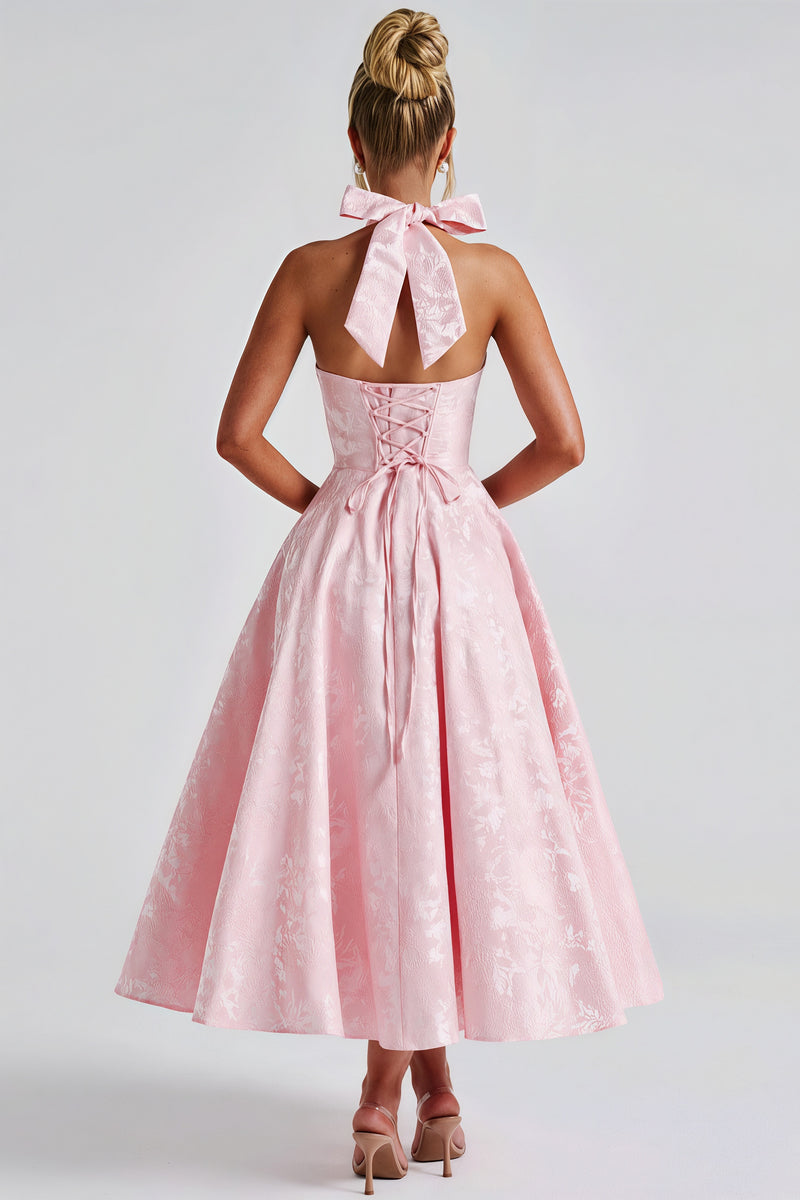 Halter V Neck Jacquard Backless Midi Dress