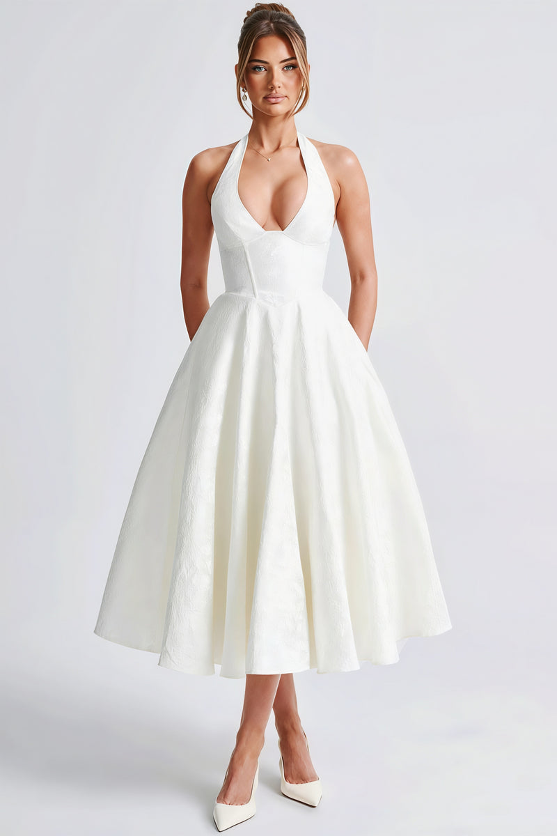 Halter V Neck Jacquard Backless Midi Dress
