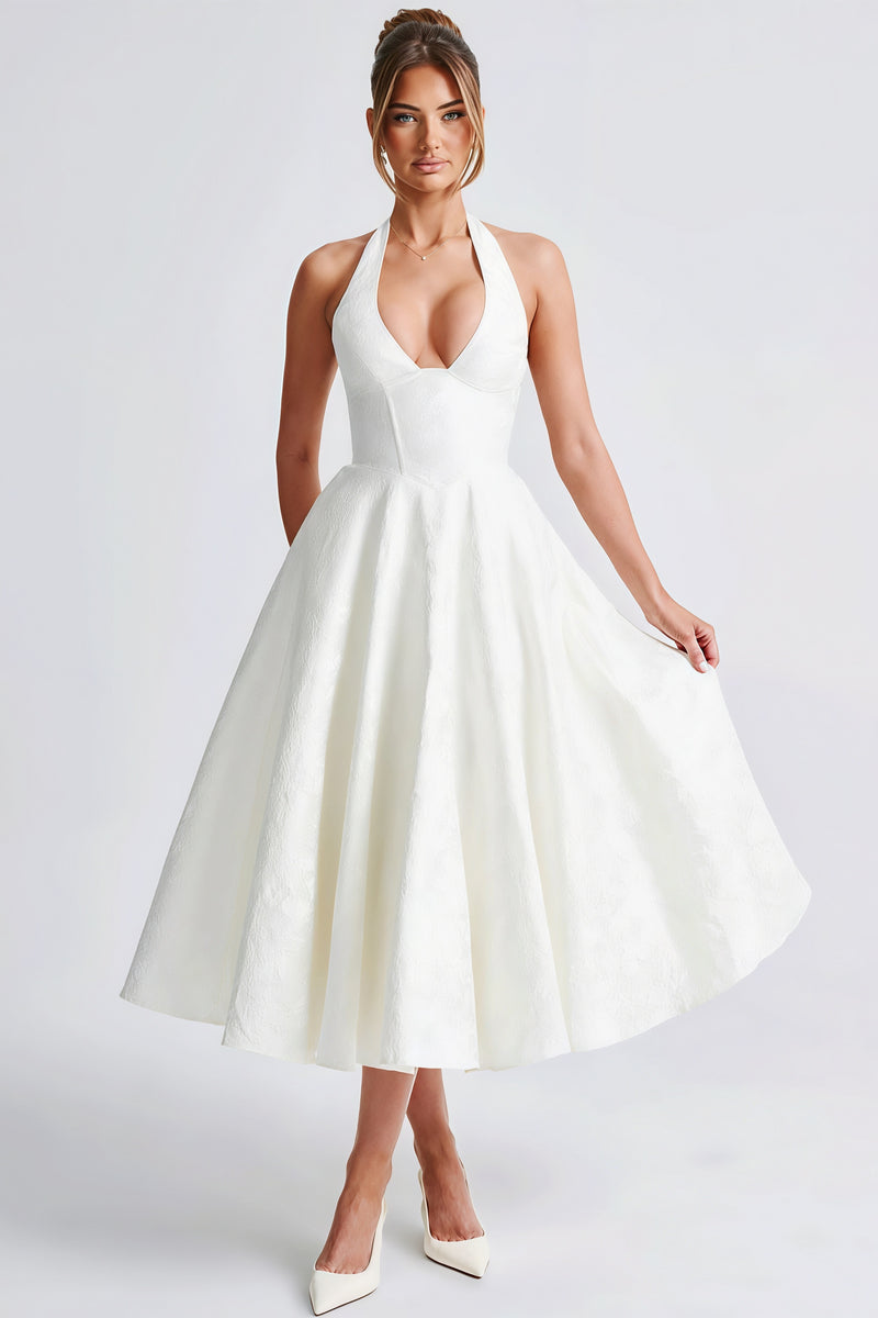 Halter V Neck Jacquard Backless Midi Dress