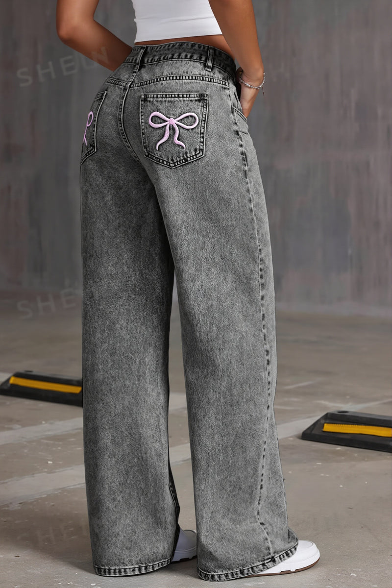 High Waist Bow Embroidery Loose Straight Jeans