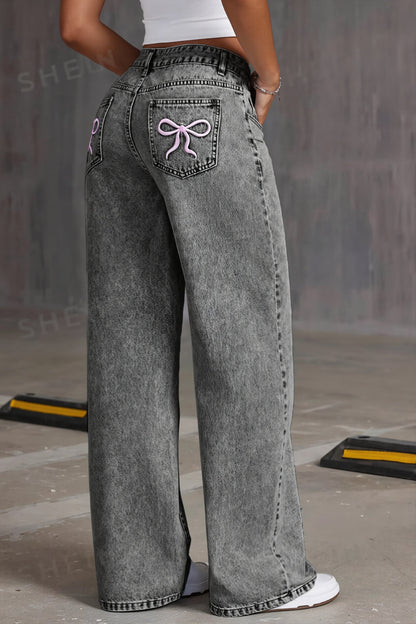 High Waist Bow Embroidery Loose Straight Jeans