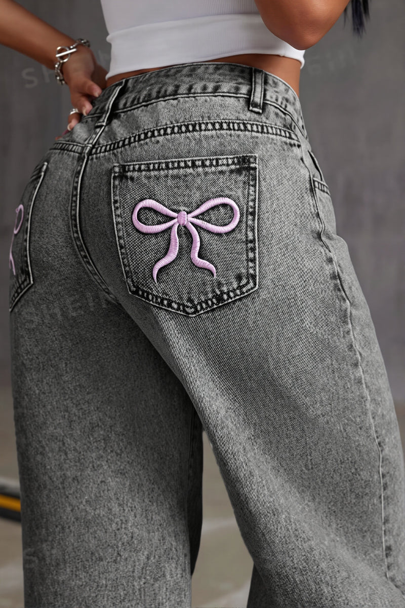 High Waist Bow Embroidery Loose Straight Jeans