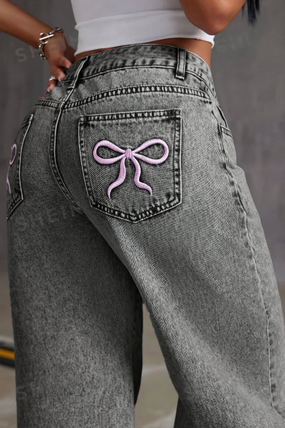 High Waist Bow Embroidery Loose Straight Jeans