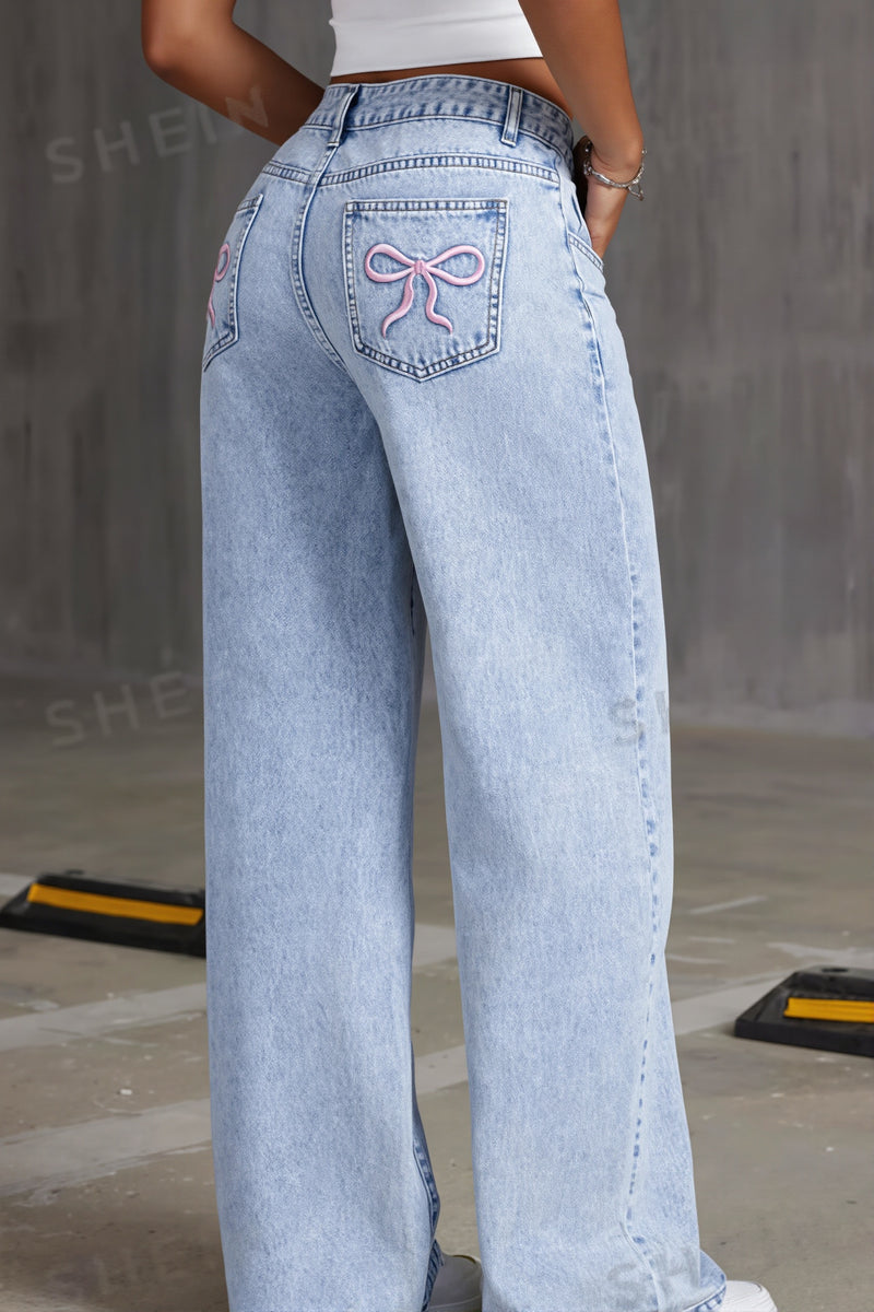High Waist Bow Embroidery Loose Straight Jeans
