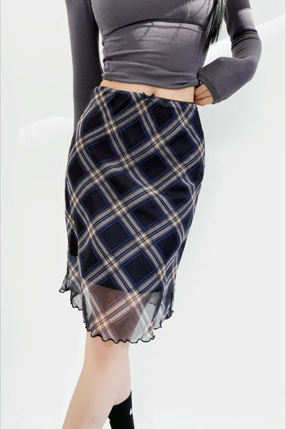 High Waist Contrast Plaid Bodycon Skirt