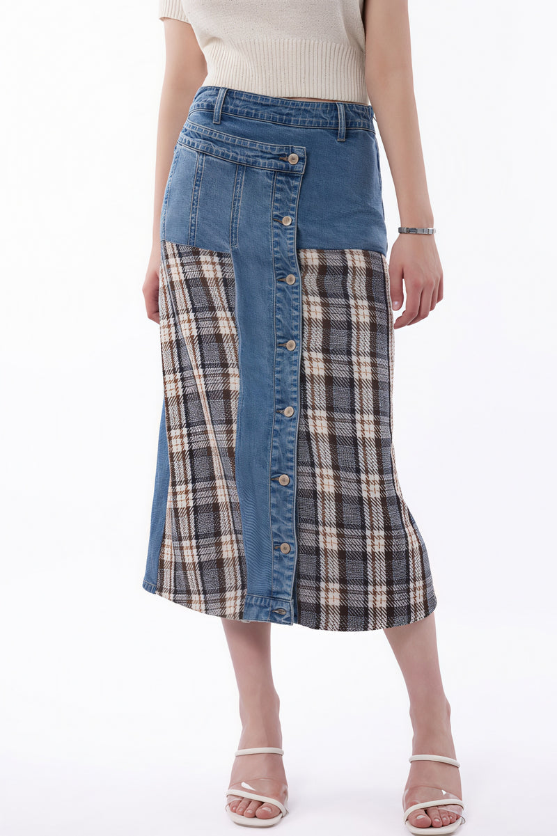 High Waist Denim Plaid Splice Skirt