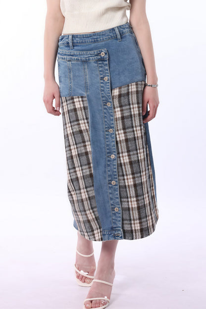 High Waist Denim Plaid Splice Skirt