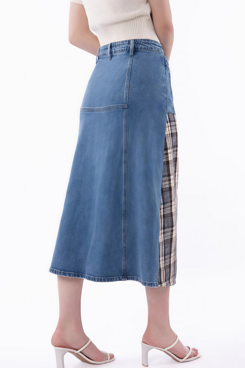 High Waist Denim Plaid Splice Skirt