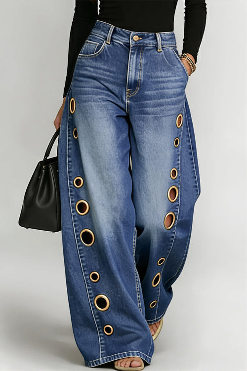 High Waist Eyelet Loose Wide Leg Jeans