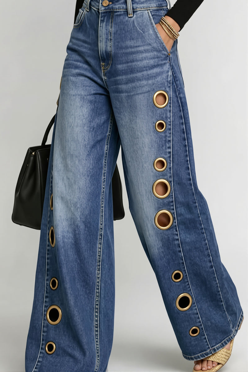 High Waist Eyelet Loose Wide Leg Jeans