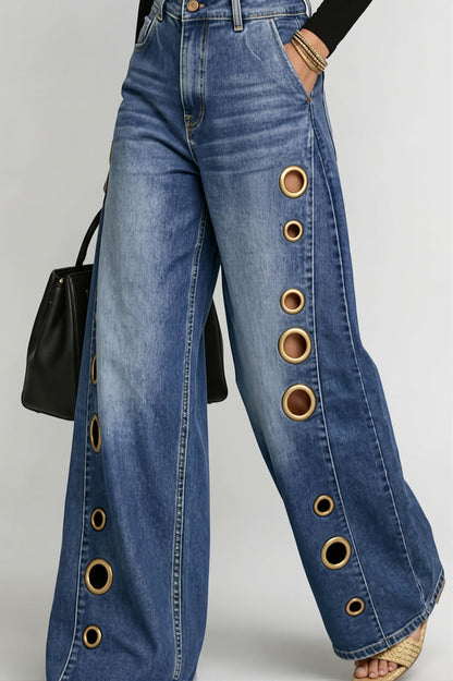 High Waist Eyelet Loose Wide Leg Jeans