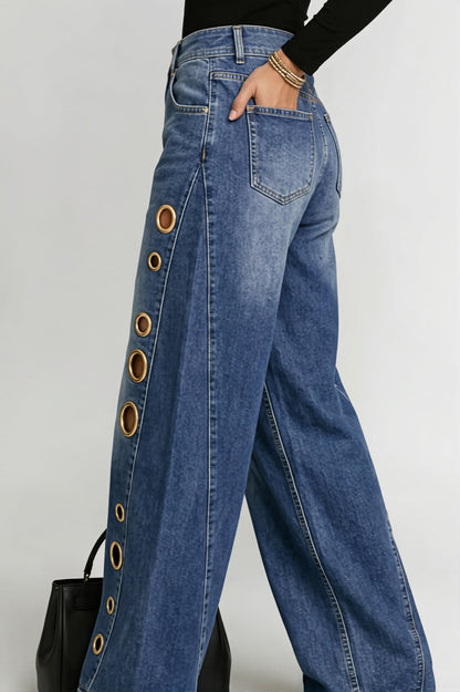 High Waist Eyelet Loose Wide Leg Jeans