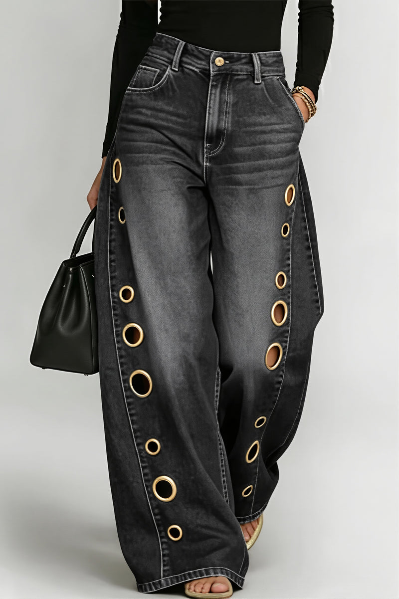 High Waist Eyelet Loose Wide Leg Jeans