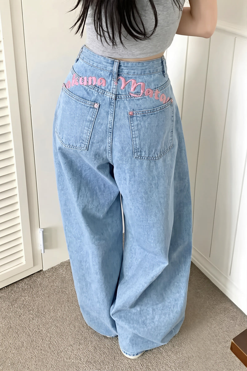 High Waist Letter Embroidery Slim Jeans