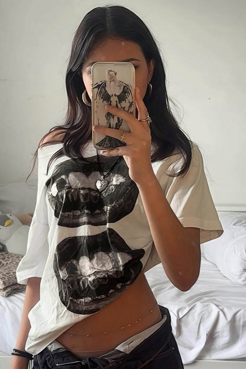 Hip Hop Lip Print Asymmetric Neck Sexy T-shirt