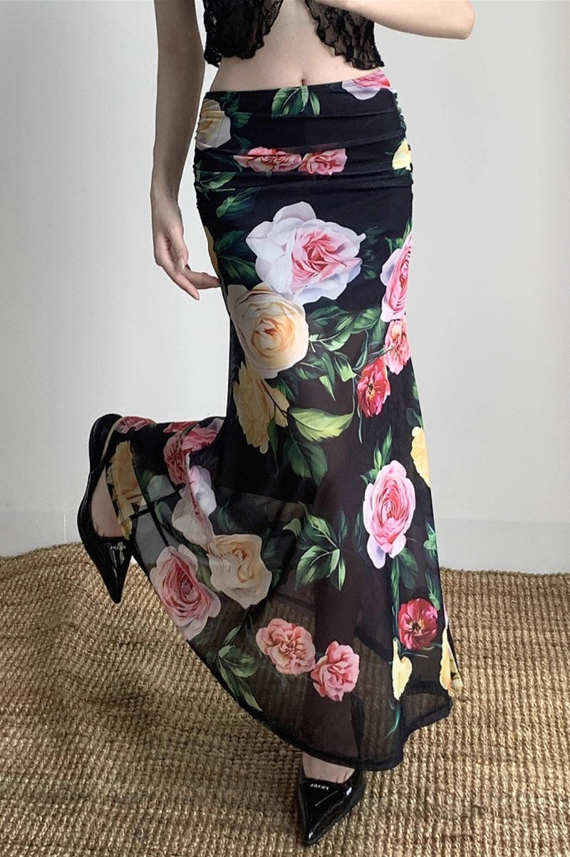 Holiday Floral Slim Low Waist Hip Skirt