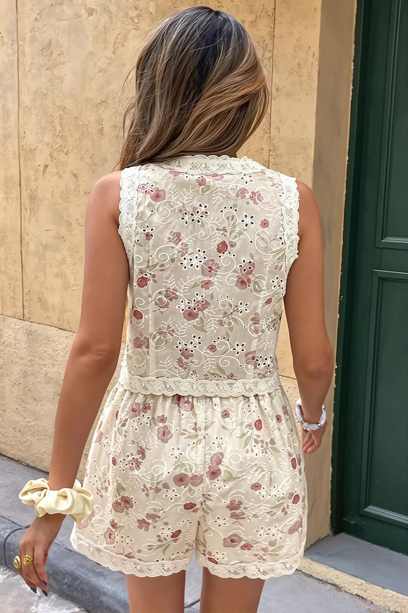 Hollow Floral Vest Short Two Piece Set