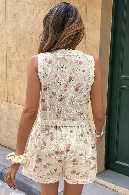 Hollow Floral Vest Short Two Piece Set