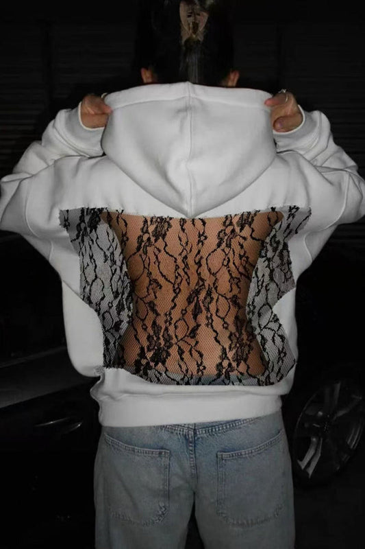 Hollow Mesh Long Sleeve Pullover Hoodie