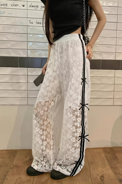 Hollow Out Bowknot Lace Splice Pants