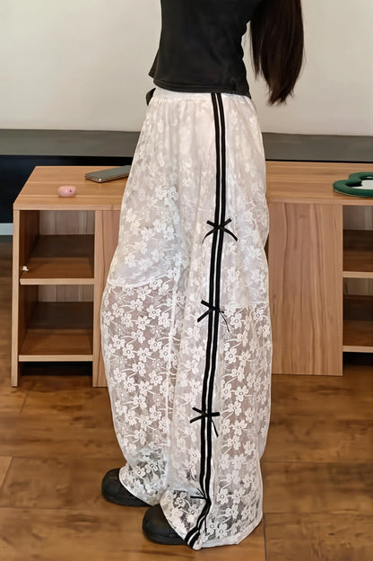 Hollow Out Bowknot Lace Splice Pants