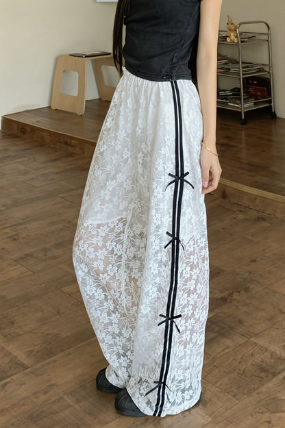 Hollow Out Bowknot Lace Splice Pants