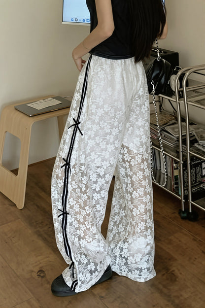Hollow Out Bowknot Lace Splice Pants