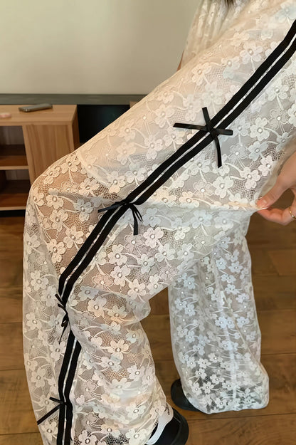 Hollow Out Bowknot Lace Splice Pants