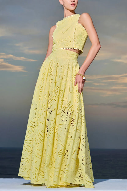 Hollow Out Pocket Vacation Maxi Skirt Set