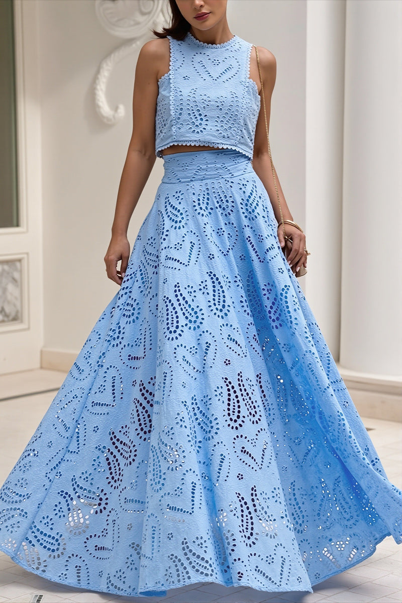 Hollow Out Pocket Vacation Maxi Skirt Set