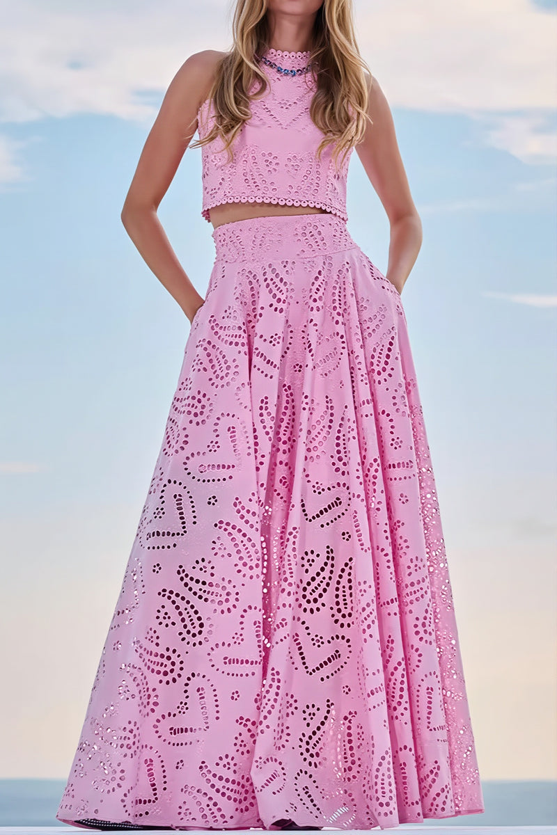 Hollow Out Pocket Vacation Maxi Skirt Set