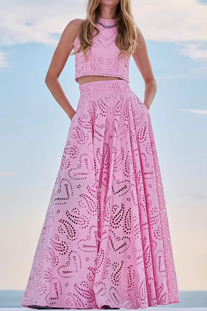 Hollow Out Pocket Vacation Maxi Skirt Set