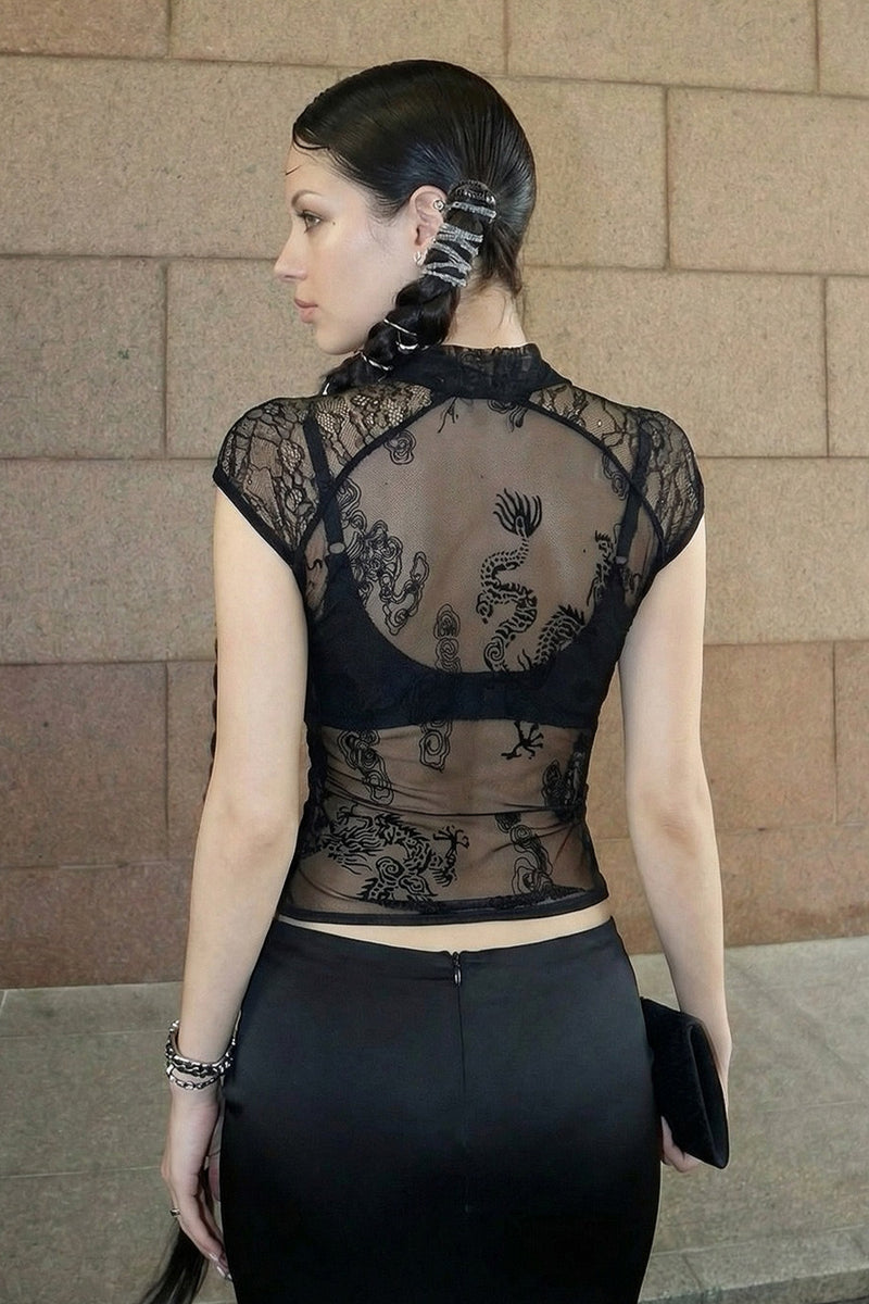 Hollow Out Stand Collar Sheer Lace Blouse