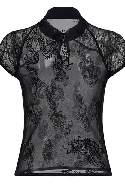 Hollow Out Stand Collar Sheer Lace Blouse