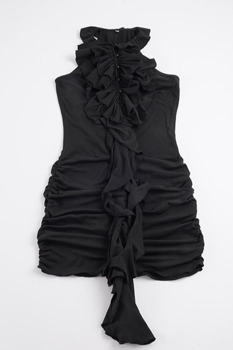 Hollow Ruffle Halter Bodycon Mini Dress