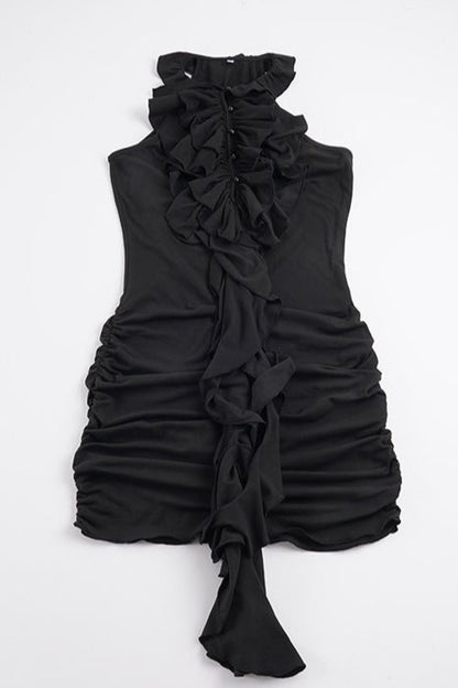 Hollow Ruffle Halter Bodycon Mini Dress