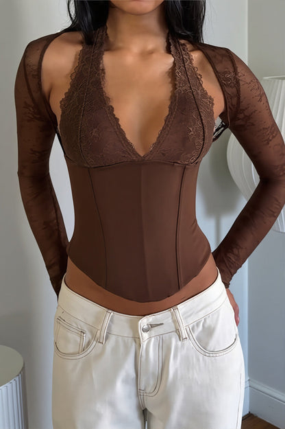 Hollow Solid Halter Lace Splice Blouse