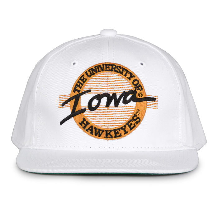 Iowa Retro Circle snapback hat in white, front view