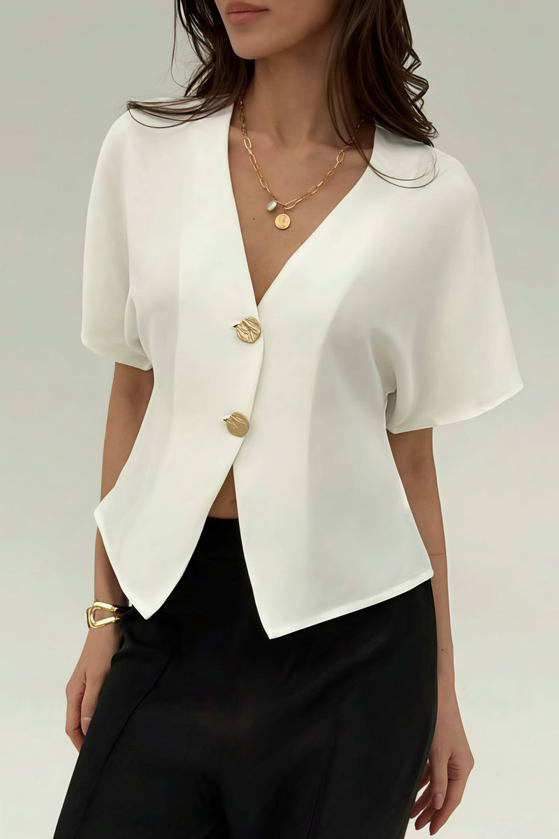 Irregular Button Open Front Short Sleeve Blouse