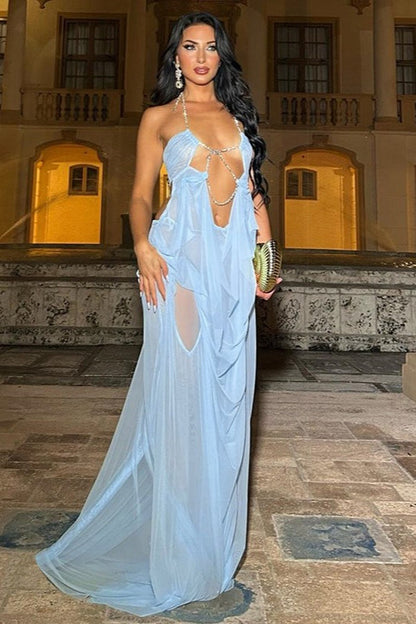 Irregular Sheer Tulle Patchwork Metal Decorative Prom Dress