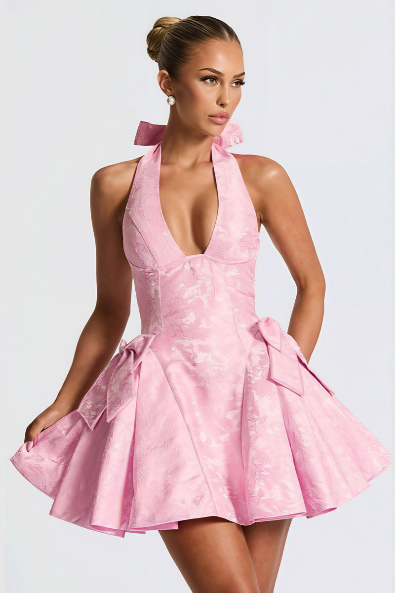 Jacquard Halter V Neck Bow Mini Dress
